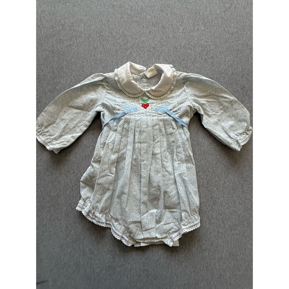 Vintage Nannette Baby Girl Blue Floral Bubble Romper Bird Applique Lace Collar